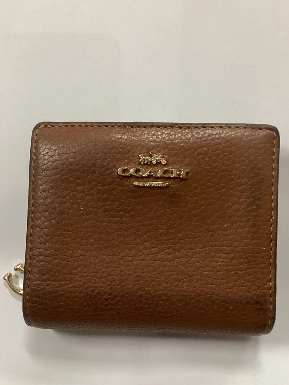 Coach Pebbled Leather Compact Wallet in Chestnut Brown with Gold Accents